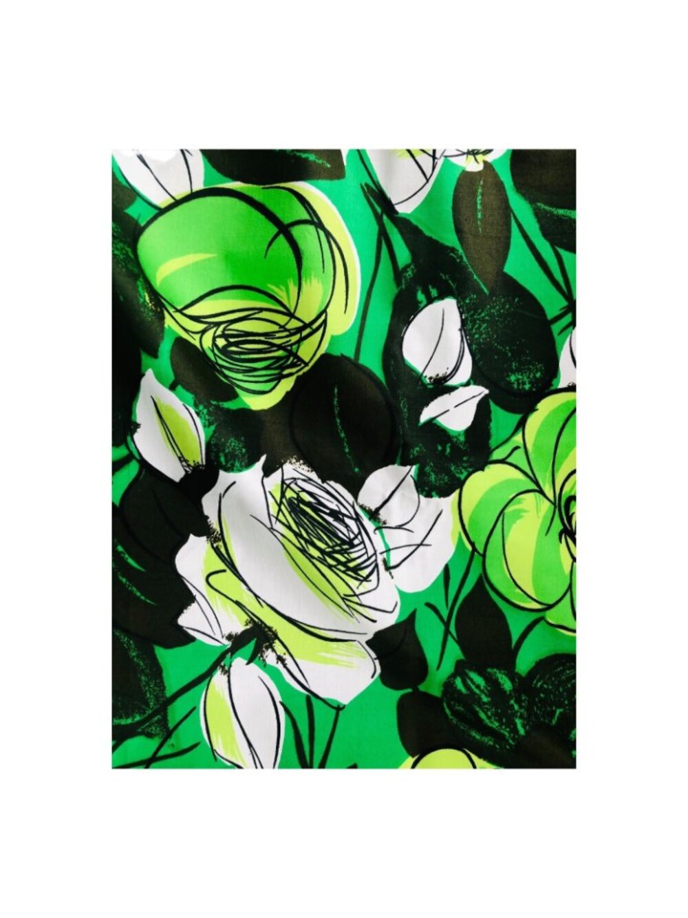 Vintage Cotton Floral Print Fabric Remnant Green Black & White Flower Power